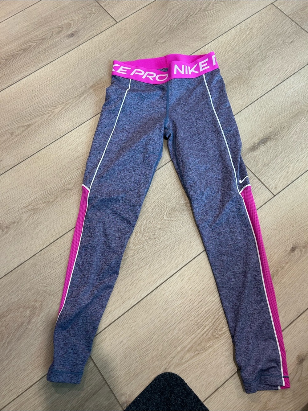 Nike Pro Purple Leggings with Pink Waistband and Side Panels